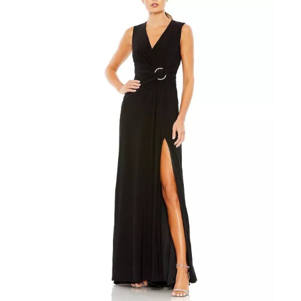 Mac Duggal Size 4 Black Draped Side Knot Rhinestone Ring Jersey Gown NWT Event